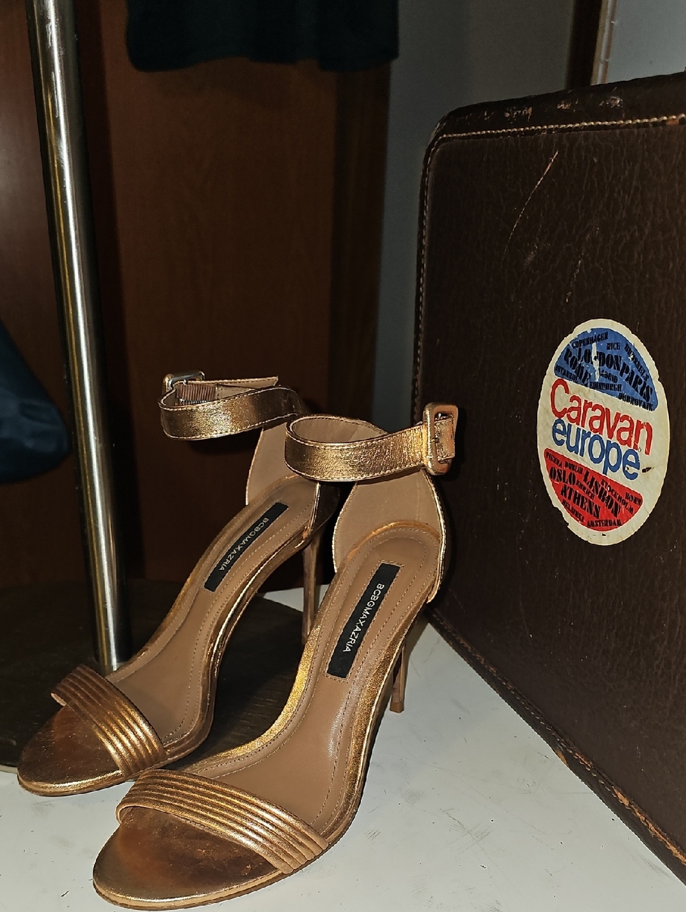 BCBGMaxAzria Metallic Bronze Ankle-Strap Stiletto Sandals
